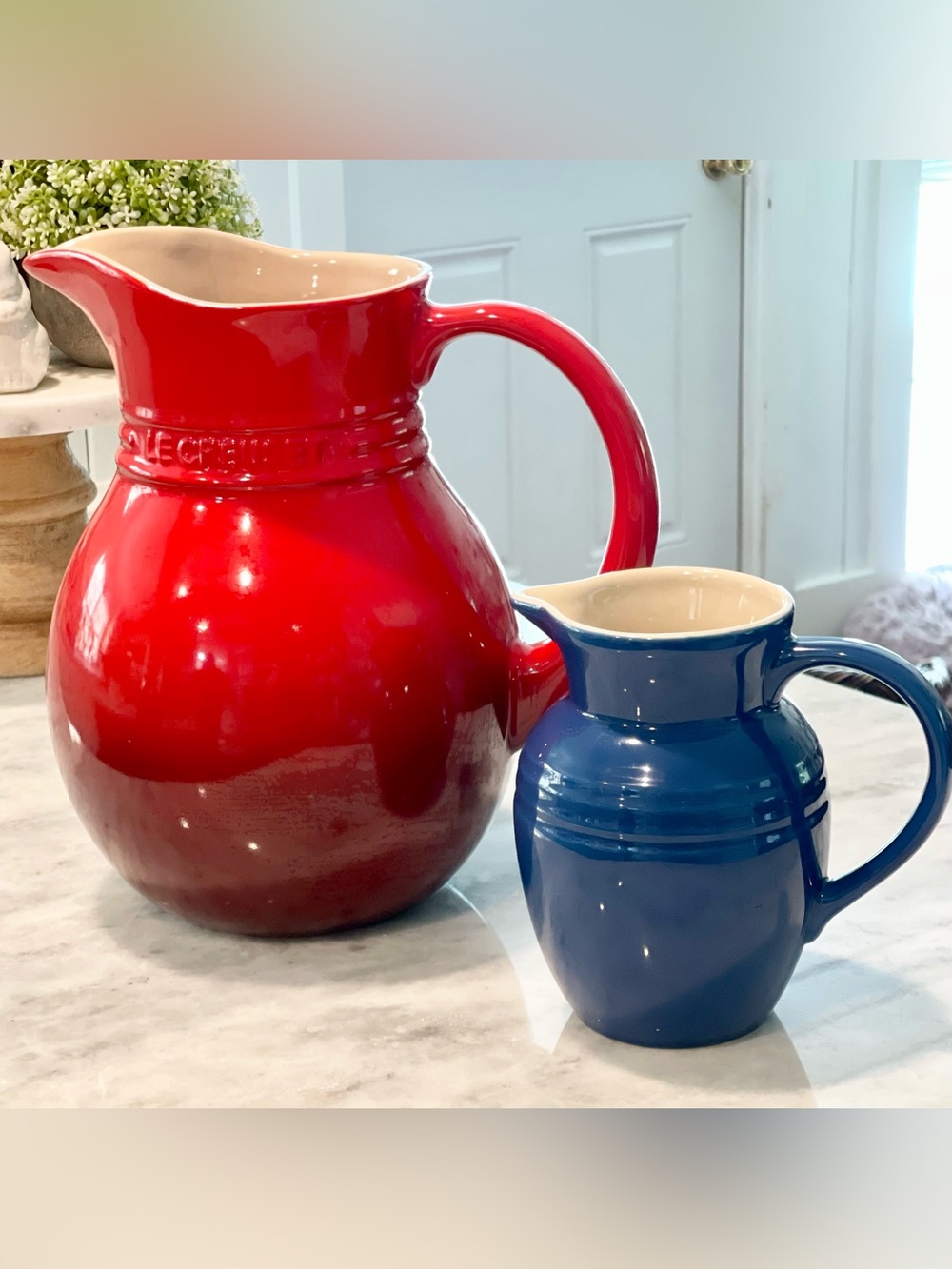 Le Creuset Stoneware set! RARE LARGE Sangria Pitcher and small Breakfast Pitcher